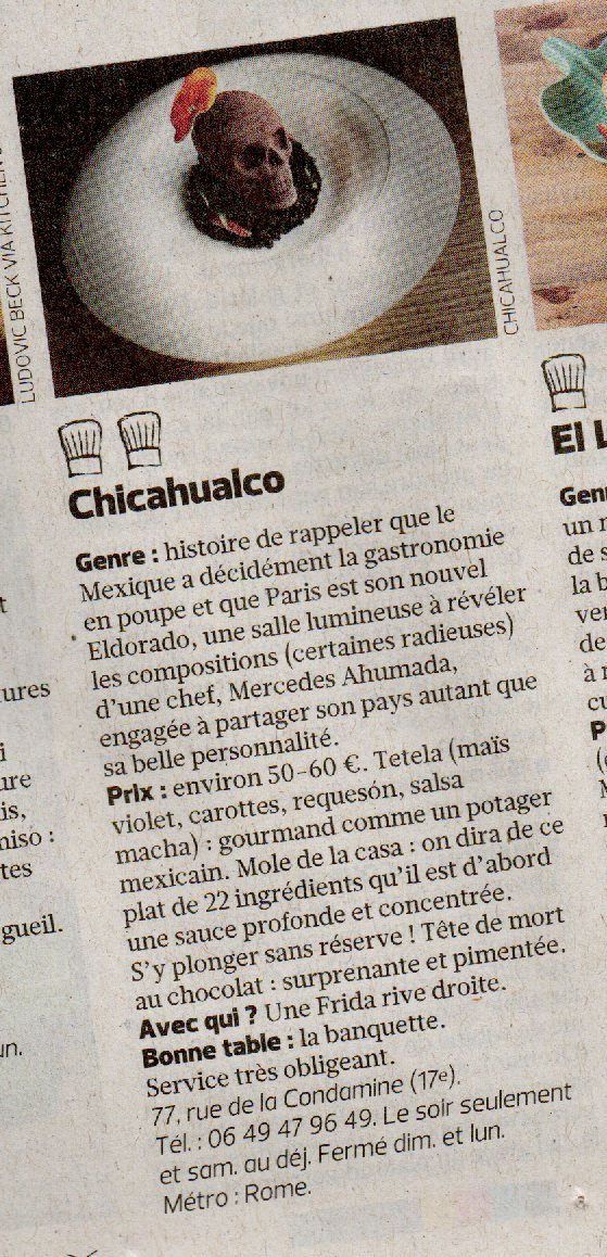 Le figaro, Chicahualco, 2 Toques, restaurant mexicain, Paris, Batignolles